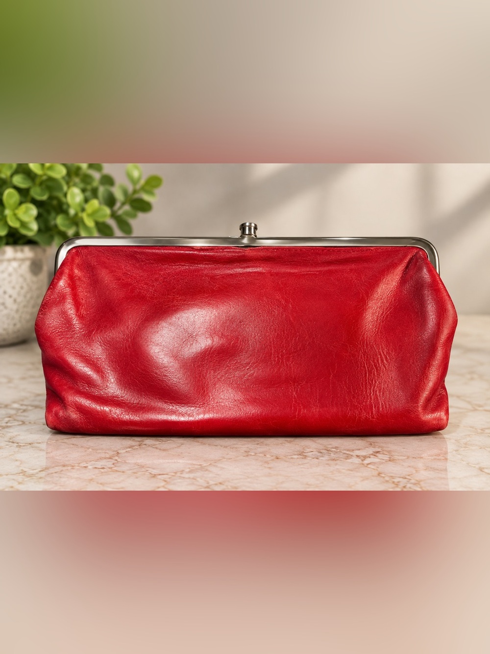 HOBO Red Leather Double Frame Kiss Lock Clutch Wallet Floral Lining - Picture 4 of 4